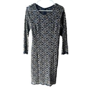 Piperlime Collection Mesh Design Dress Sz M Blue / Tan Floral Long Sleeve Fitted